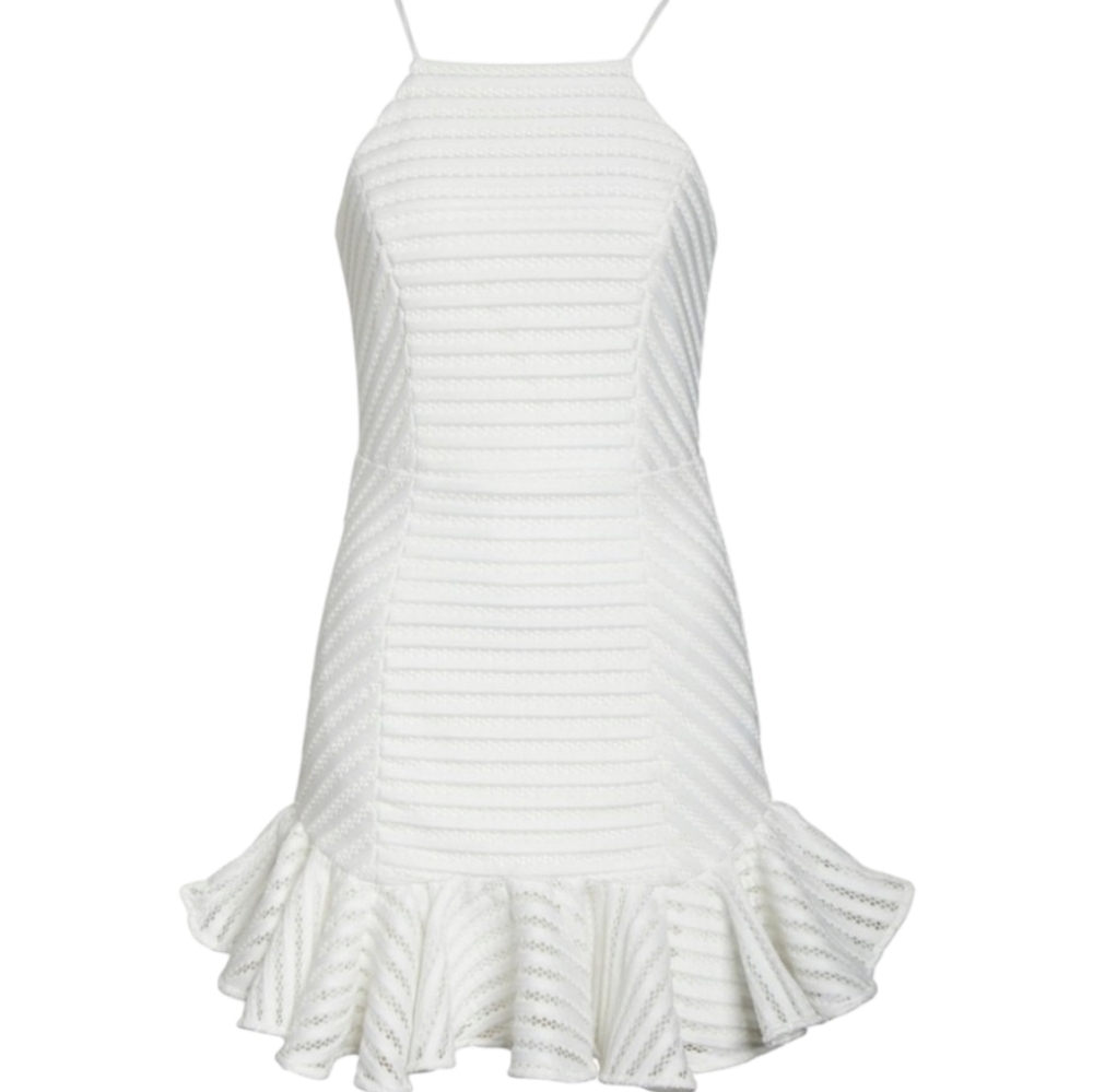 Bardot Piper Stripe Mini Dress Ivory Crochet Mesh Ruffle Hem Size 8/Med NWT - Picture 2 of 16